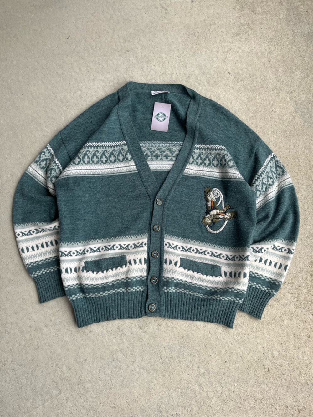 Men's Teal Patterned Button-Up Cardigan Sweater